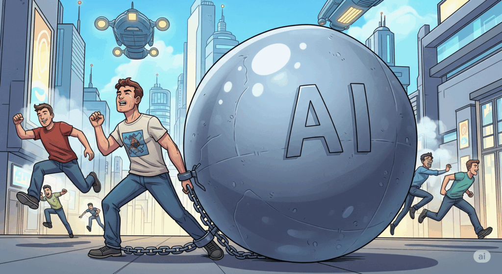 a cartoon of a man chained to a large round ball