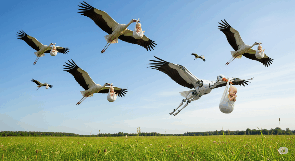 a group of birds flying in a field with a baby in a bag