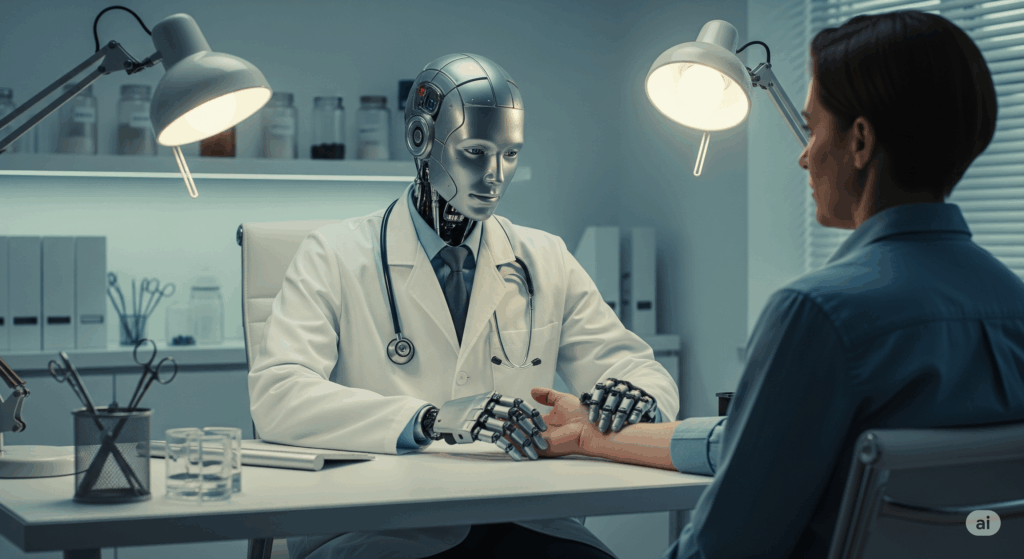 a robot in a white coat and stethoscope sitting at a desk with a patient