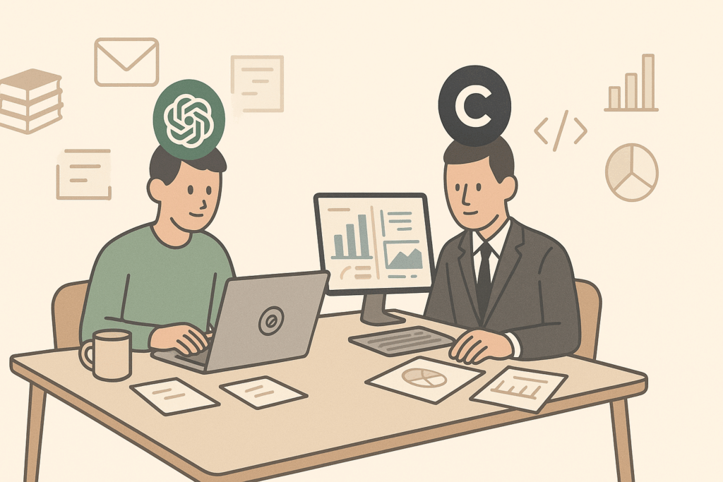 Symboliczne porównanie ChatGPT i Claude – codzienny asystent vs profesjonalny konsultant AI w 2025 roku