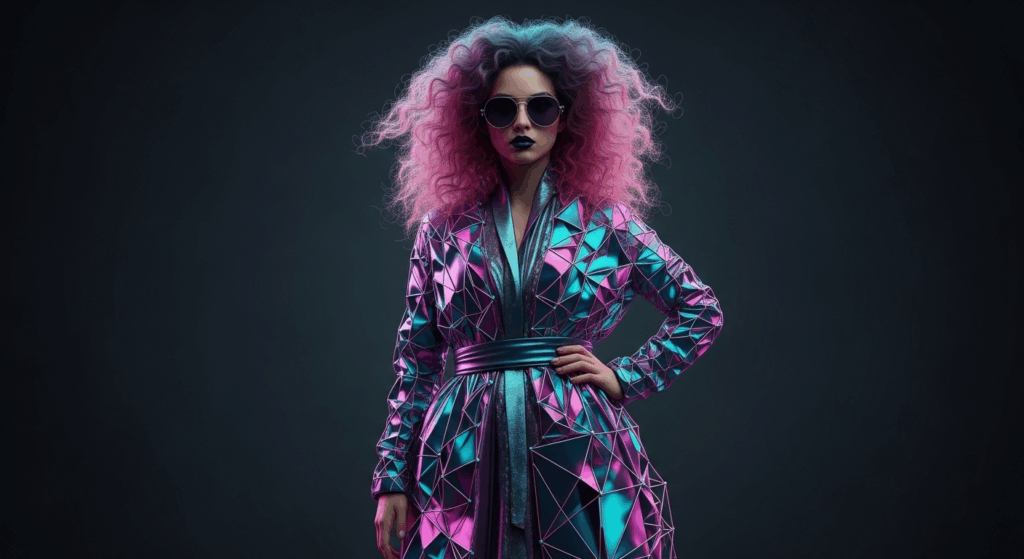 Modelka w futurystycznym stroju generowanym przez AI na tle cyfrowych danych i wykresów symbolizujących rozwój rynku mody
