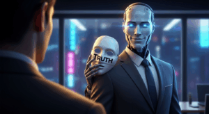 humanoidalny robot w garniturze trzymający lustro odbijające twarz człowieka, symbolizujący sykofantyczne zachowanie AI i ryzyko manipulacji w finansach