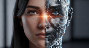 Portret pół człowieka pół AI symbolizujący równowagę między sztuczną inteligencją a ludzką kreatywnością.