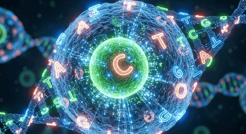 Wizualizacja komórki zbudowanej z liter DNA i neuronów symbolizujących sztuczną inteligencję analizującą biologię