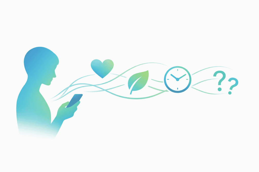 Osoba korzystająca ze smartfona z ikonami wellness i pytań — wykorzystanie AI w codziennym życiu