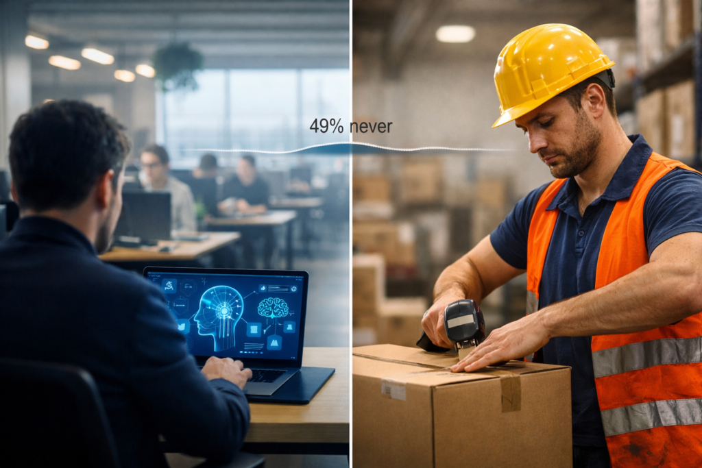 Podzielona grafika pokazująca lukę w adopcji AI: lider z laptopem i narzędziami AI po jednej stronie oraz pracownik operacyjny bez dostępu do AI po drugiej, symbol wypłaszczenia adopcji