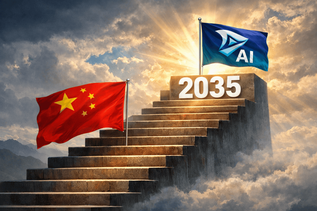 Chińska flaga wchodzi po schodach, na szczycie flaga z napisem AI