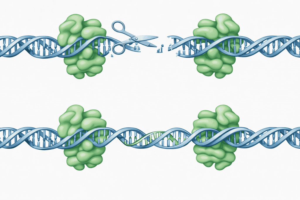 Porównanie mechanizmów edycji genów – CRISPR-Cas9 wymaga cięcia DNA, rekombinazy LSR projektowane przez AI EDEN wstawiają geny bez pęknięć dwuniciowych