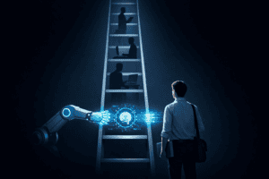 Ilustracja symbolizująca wpływ AI na rynek pracy: sztuczna inteligencja blokuje pierwszy szczebel drabiny kariery, co nawiązuje do spowolnienia zatrudniania młodych pracowników.