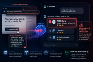 Interfejs asystenta AI z listą rekomendacji, jedna firma wyróżniona wskutek manipulacji promptem w linku