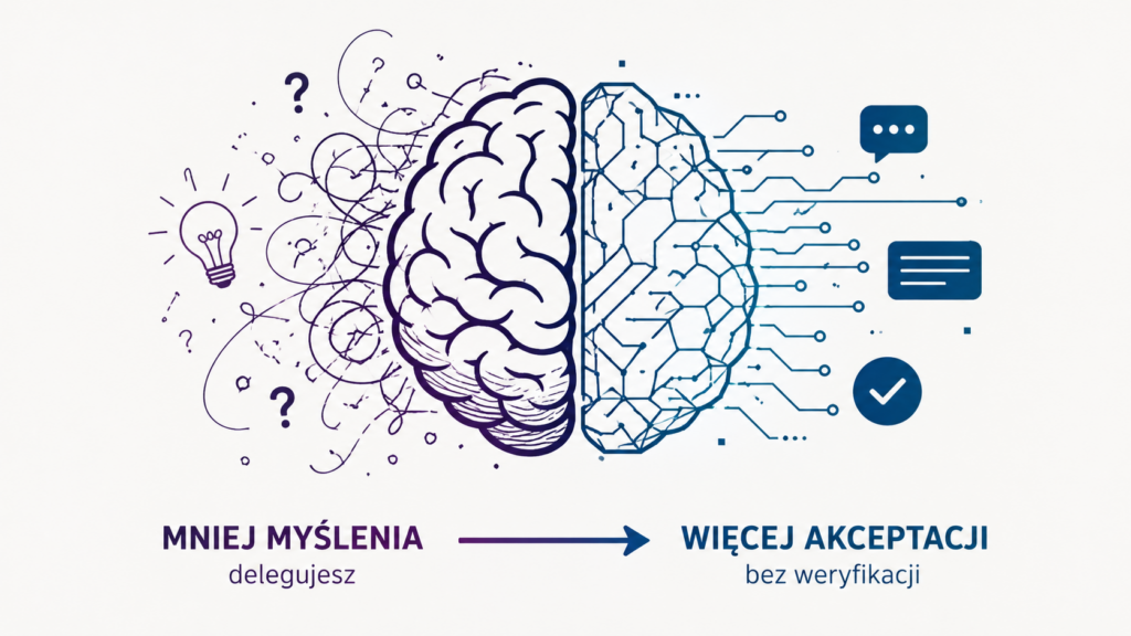 Minimalistyczna ilustracja mózgu podzielonego na część organiczną i sztuczną sieć, symbolizująca wpływ AI na myślenie krytyczne