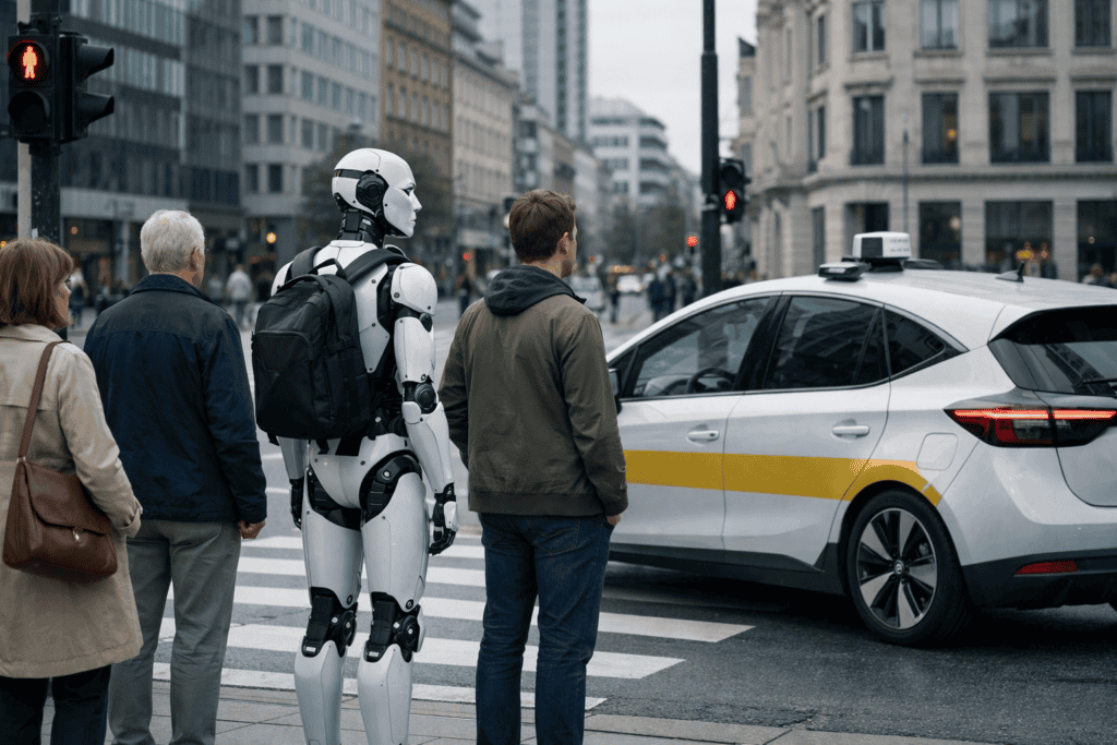 Roboty w przestrzeni publicznej — humanoid czeka na przejściu dla pieszych obok ludzi w mieście 2026