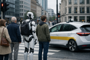 Roboty w przestrzeni publicznej — humanoid czeka na przejściu dla pieszych obok ludzi w mieście 2026