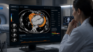 Wizualizacja tomografii komputerowej serca analizowanej przez model sztucznej inteligencji wykorzystujący radiomikę tłuszczu okołosercowego do przewidywania niewydolności serca.