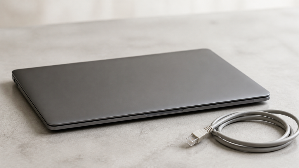 Zamknięty laptop i odłączony kabel sieciowy, obraz pracy modelu bez sieci