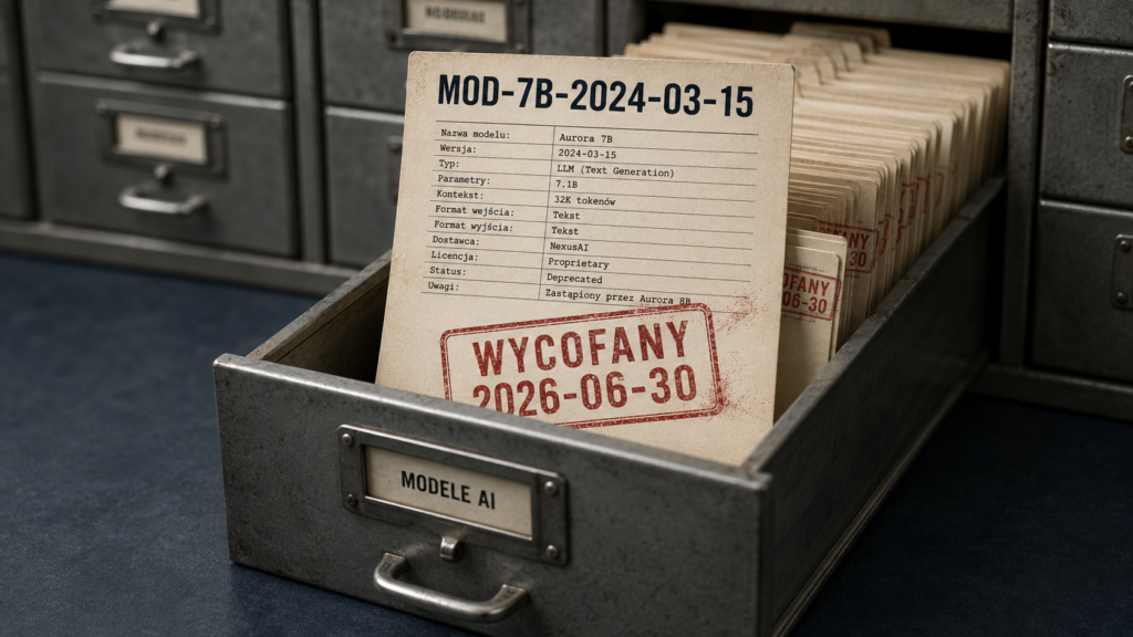 Karta modelu AI w kartotece z oznaczeniem terminu wygaśnięcia, symbolizująca wycofanie modelu AI.